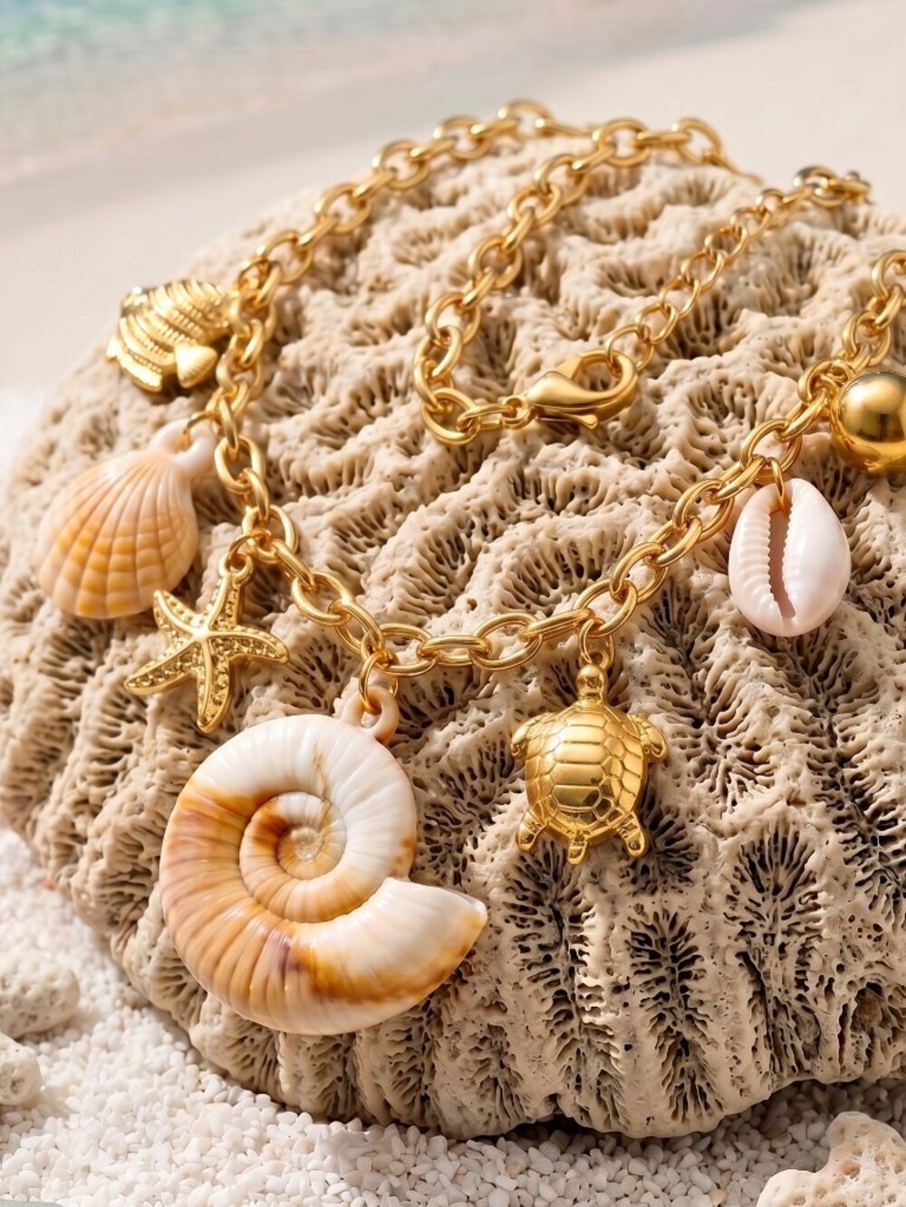 18K Gold Plated Faux Shell Mermaidcore Charm Necklace Turtle Starfish 15.5" - Picture 10 of 15